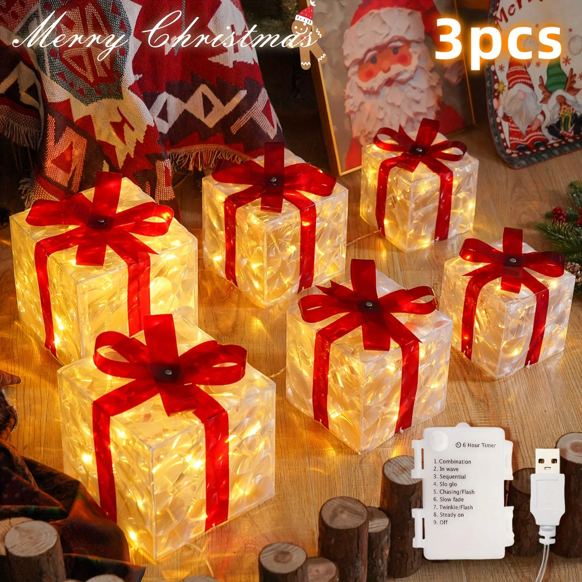 3Pcs Christmas Decorations - for Holiday Indoor Party Home, Christmas, Newyear,Party Events,Warm White Christmas Gift Box Lights