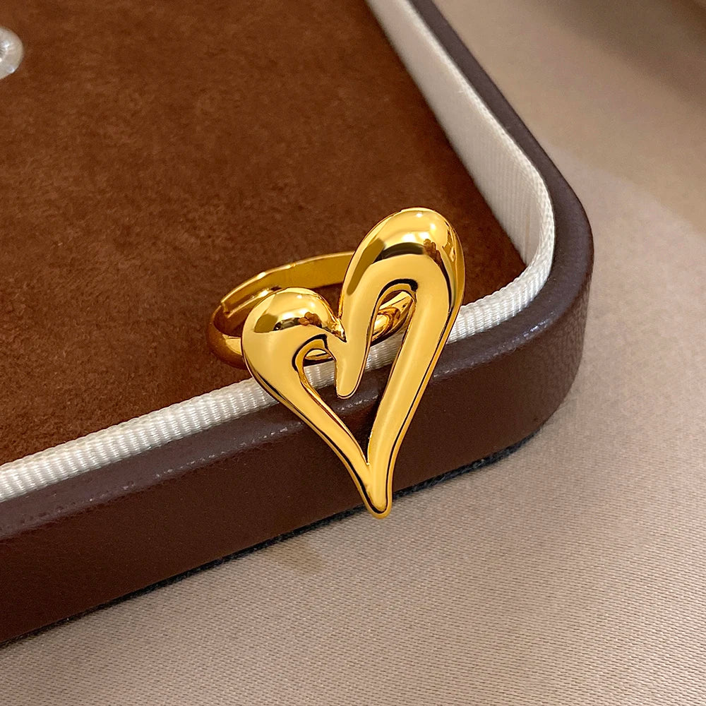 Flashbuy Trendy Gold Color Asymmetric Hollow Heart Stainless Steel Ring For Women Statement Fashion Jewelry Valentine's Day Gift
