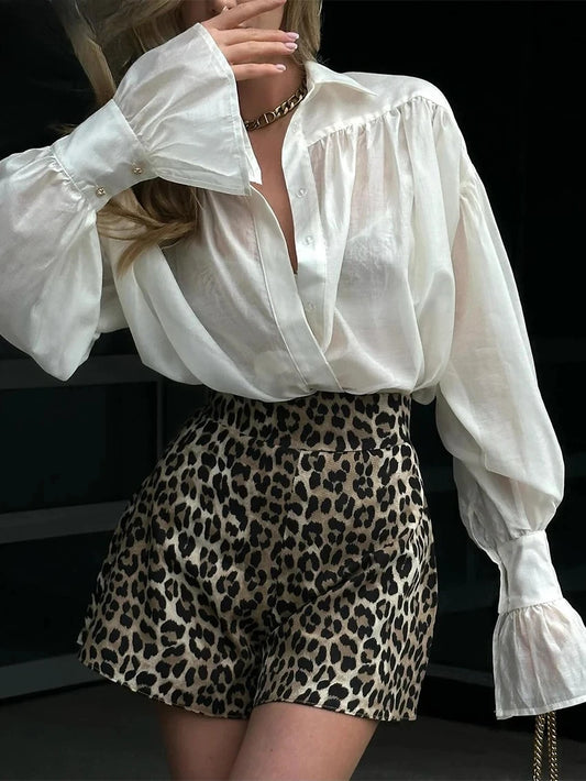 Women Sheer Lapel Shirt Puff Long Sleeve Flare Ruffle Cuff Loose See Through Blouse Elegant Office Casual Street Button Down Top