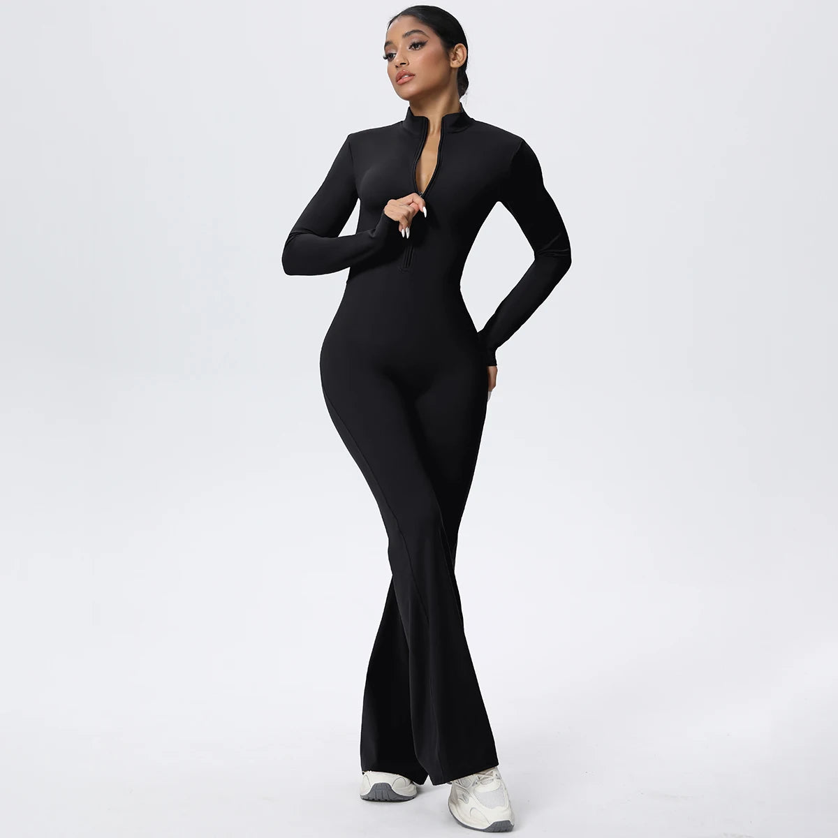 Woman's Fitness Yoga Bodysuit Solid Color Yoga Zipper Long Sleeves Trousers Gym High Strength Exercise Sports Bodysuit Leggings