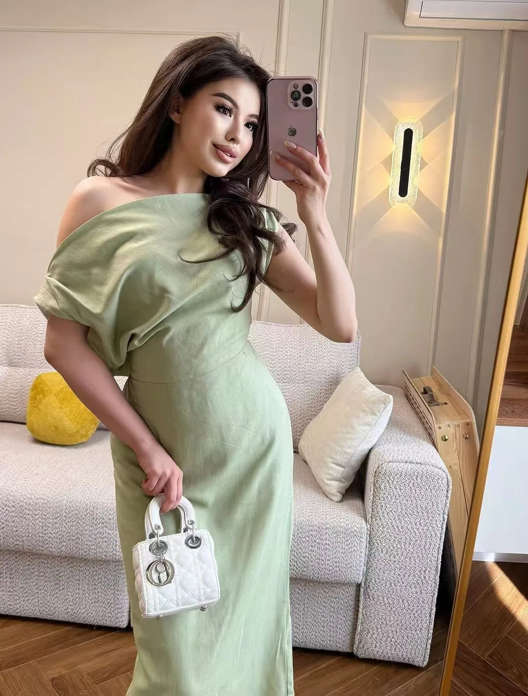 Elegant Solid One Shoulder Dresses Lady Skew Collar Waist-cinching Sleeveless Long Dress 2026 Women New Party Club Gowns