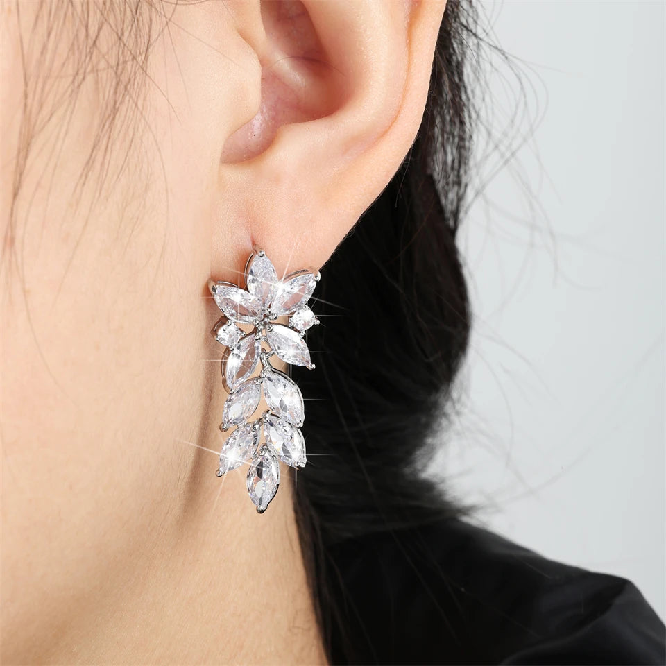 ZAKOL Luxury Leaf Marquise Zircon Bridal Earrings for Women White Shiny Crystal Elegant Wedding Party Jewelry