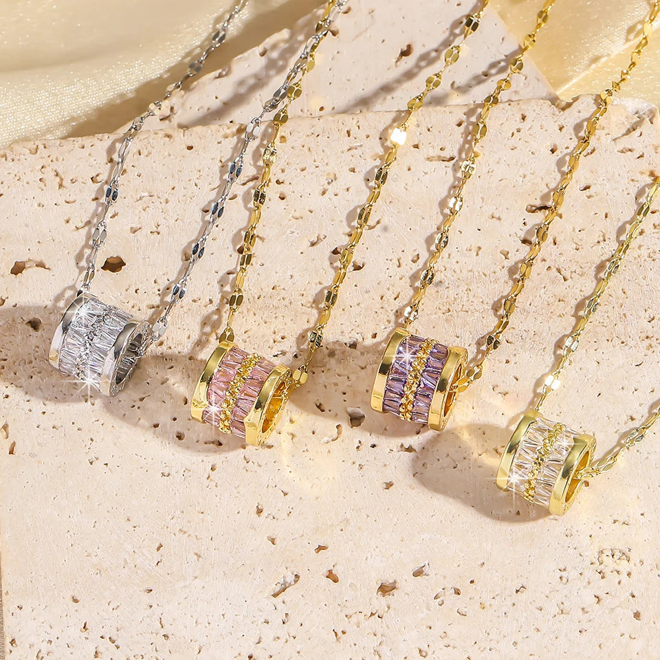 ZAKOL Y2K Stainless Steel Round Pendant Necklace For Women Girls Korea Style Beautiful Gold Color Metal Crystal Jewelry On Neck