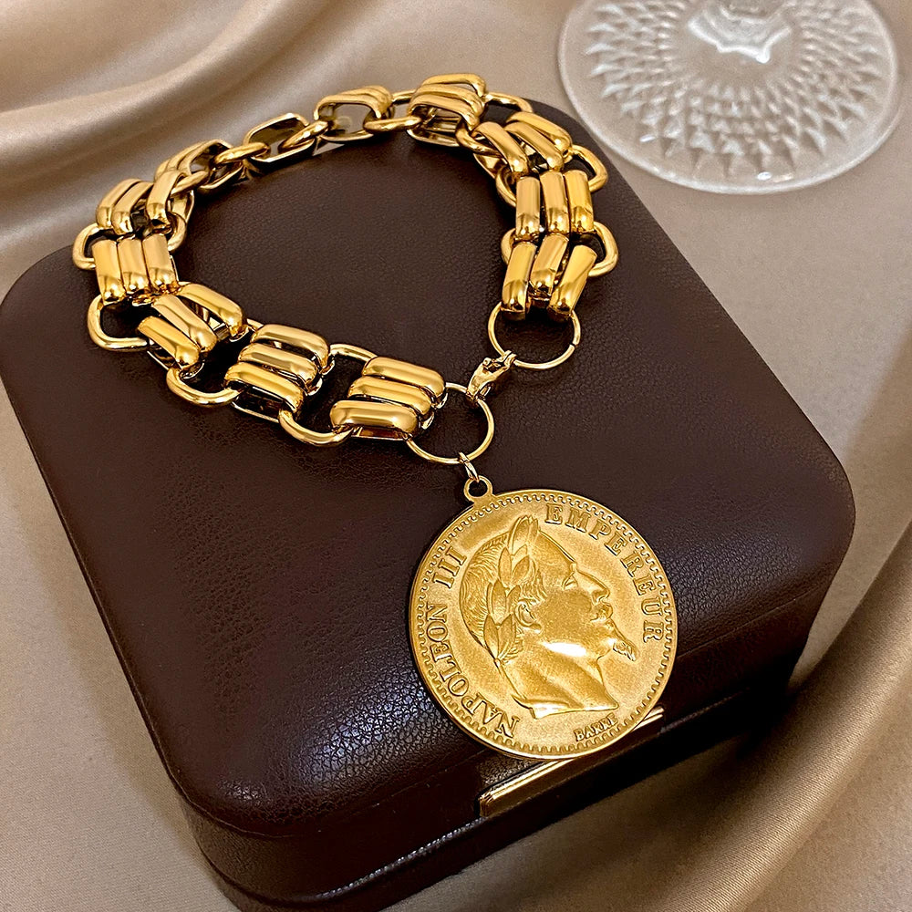 Chunky Punk Vintage Carved Head Portrait Coin Pendant Stainless Steel Bracelets Gold Plated Thick Chain Fashion Jewelry
