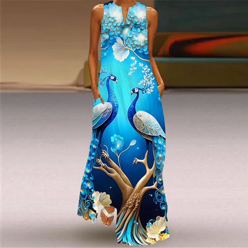 Summer Retro V-Neck Sleeveless Maxi Dress – Loose Artistic Print