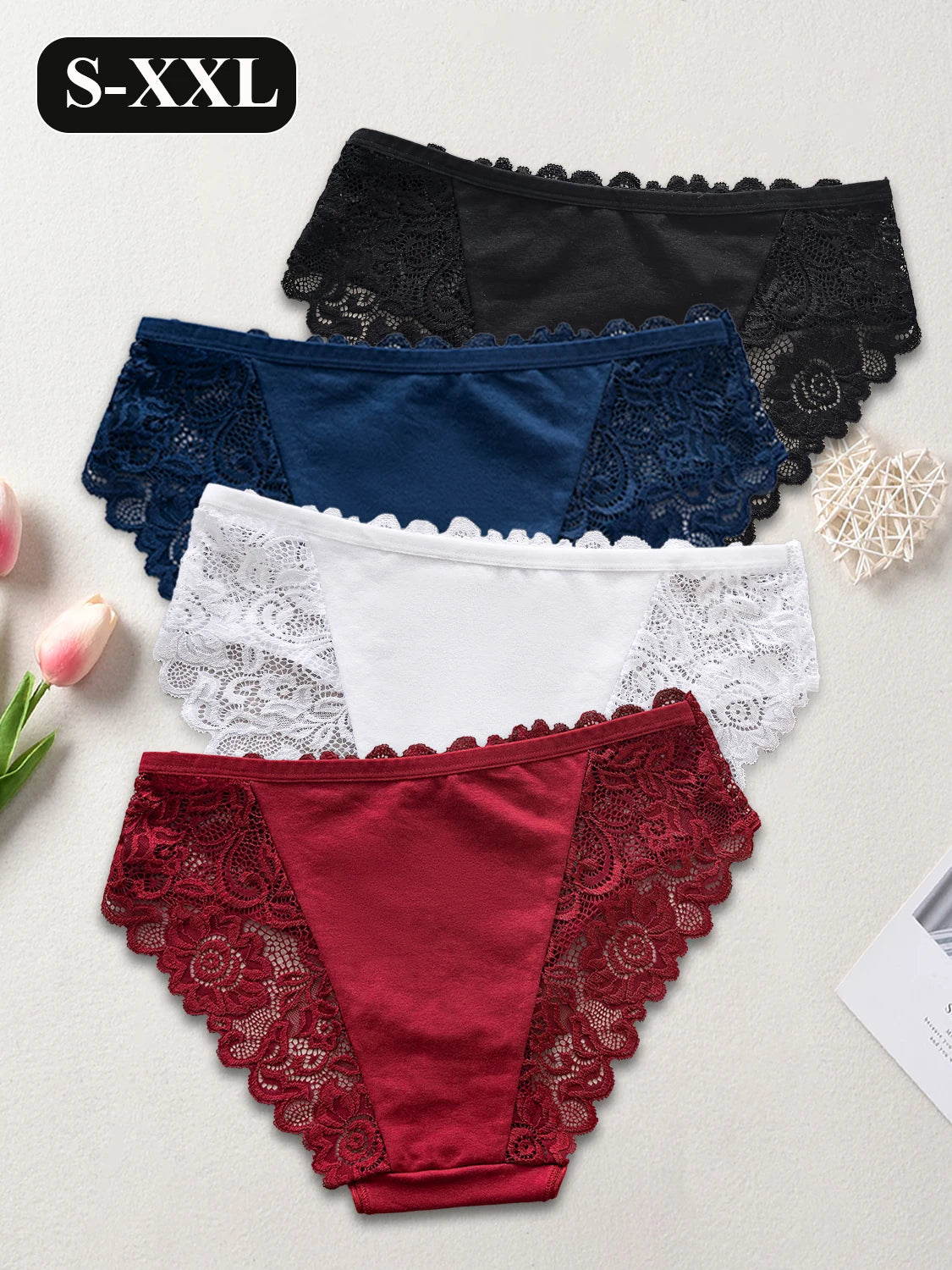 7PCS Elegant Lace Floral Underwear Solid Color Comfortable Cotton Panties Sexy Briefs Mature Female Lingerie Change Everyday