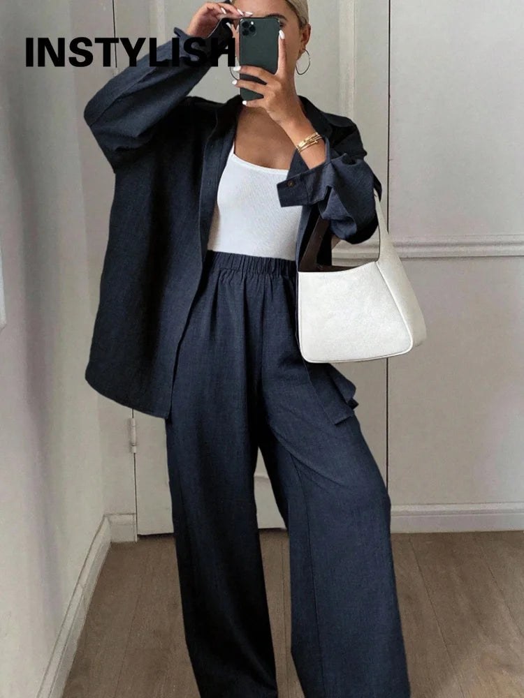 2026 New Women Linen Two Piece Outfit Set Lapel Long Sleeve Button Shirts Elastic Waist Wide Leg Pants Casual Loose Home Suit