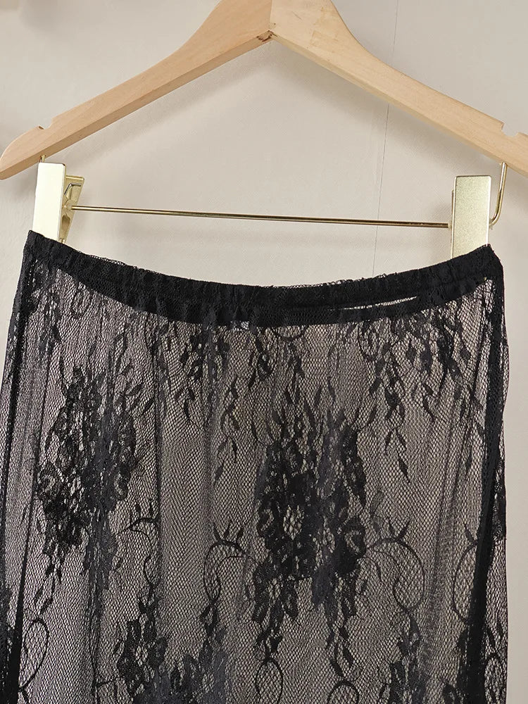 BKLD Two Piece Outfits Women 2026 Summer Vintage Black Sexy Strappy Dress And Lace Sheer Long Skirts Casual Sets Party Clubwear