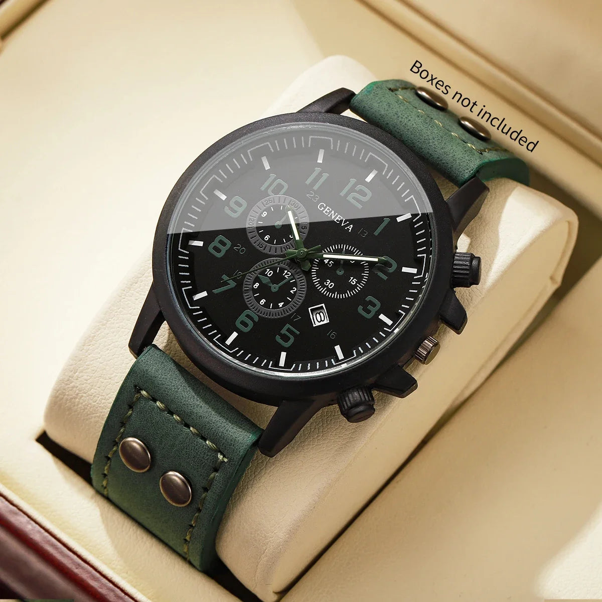Casual Men Sport Quartz Watch Green Leather Strap Calendar Analog Male's Military Wristwatches Relogio Masculino（Without Box）