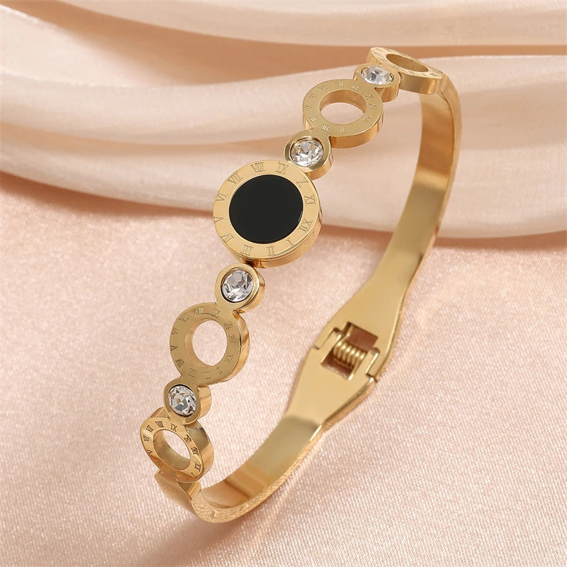 ZAKOL Fashion Black Shell Roman Numeral Titanium Steel Bangle Hollow Circle Button Bracelet Jewelry Gifts for Women
