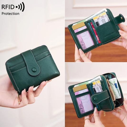 Women's RFID Blocking Wallet Multi-Card Holder Zipper Buckle Short Money Clip Retro Coin Wallet Functional Design