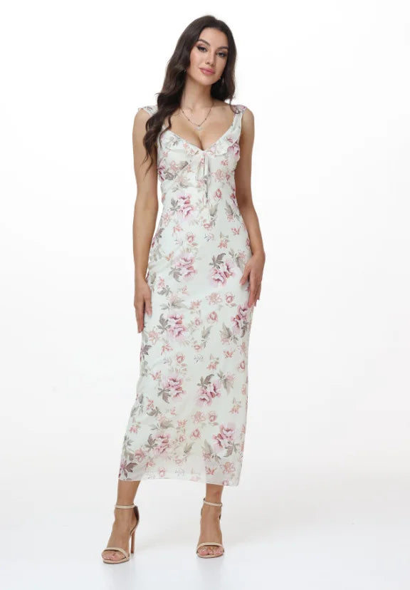 Elegant Summer Print Floral Dress Women V-neck Slim Ruffles Sleeveless Backless Long Dresses 2026 Beach Vacation Lady Vestidos