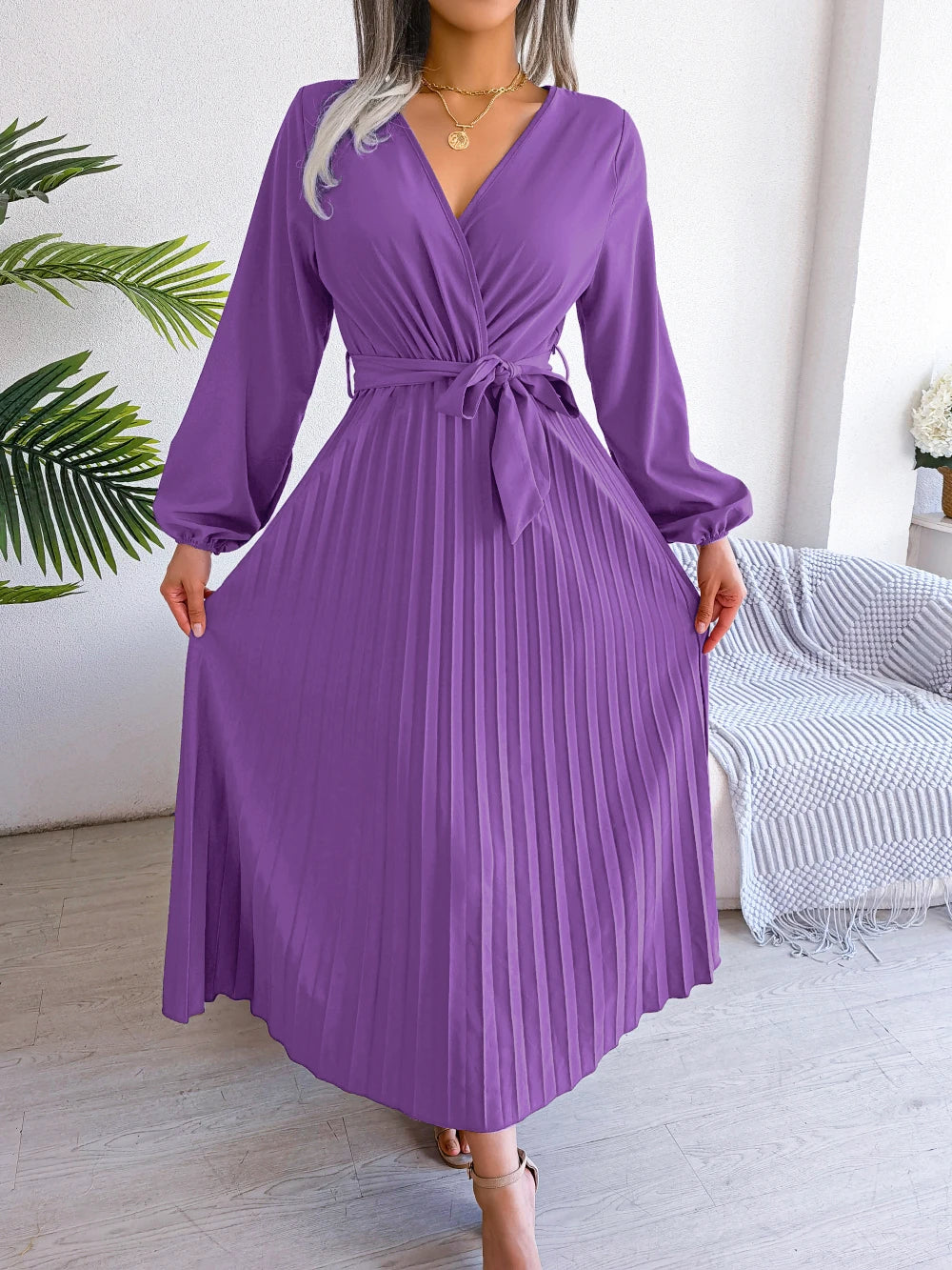 Women Elegant V Neck Long Sleeve Pleated Maxi Dress