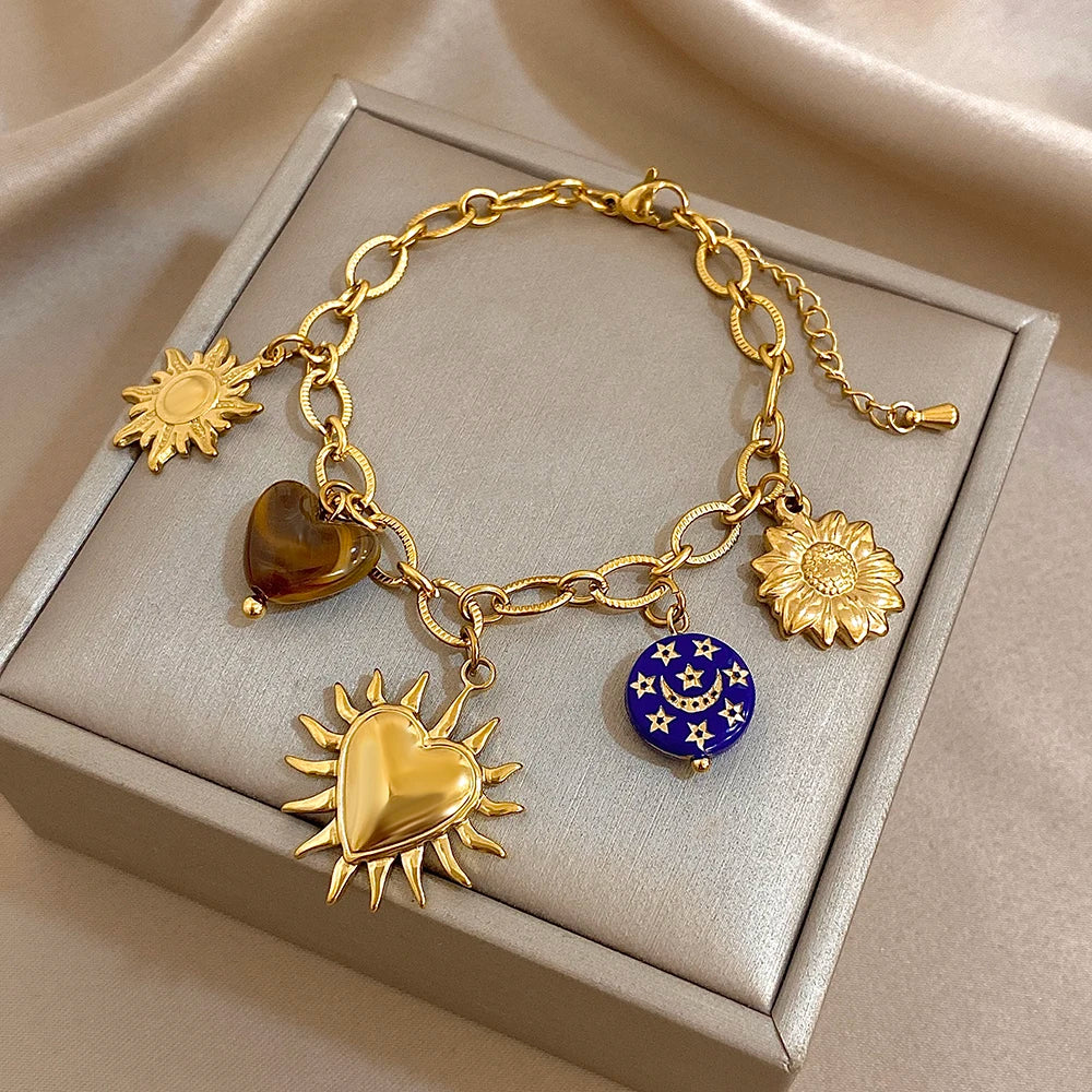 Women Stainless Steel Gold Plated Set, Sun Flower Heart Tiger's Eye Moon Star Charm Necklace Bracelet, Boho Fashion Jewelry Gift