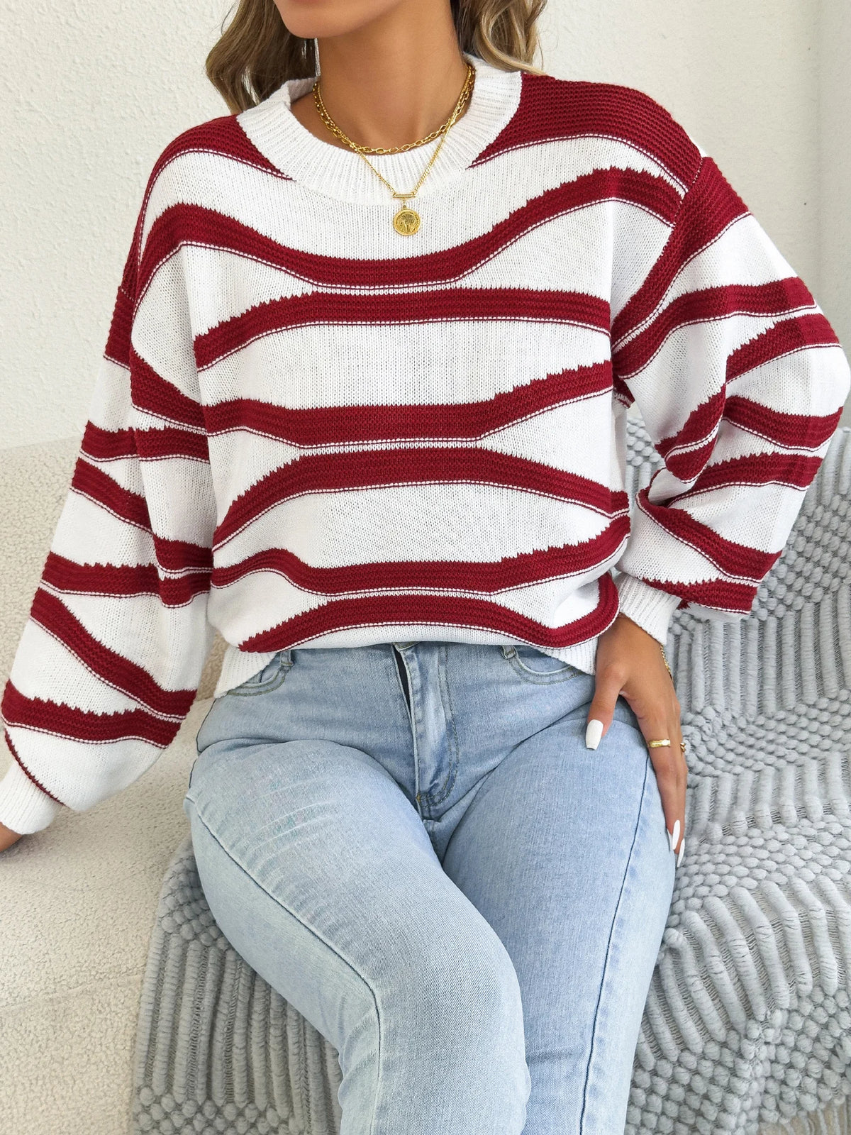 2026 Fashion Contrast Color Striped Sweaters for Autumn Winter Casual Round Neck Lantern Long Sleeve Knitted Tops Women Clothes