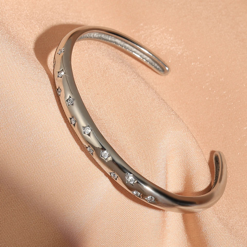 ZAKOL Trendy Stainless Steel Five-pointed Star Zircon Inlaid Open Bracelet Versatile Non Fading Cuff Bangles Jewelry Gift