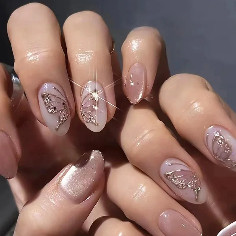 24Pcs Simple Green French False Nails Short Almond Fake Nails with Wave Line Design Wearable Round Head Press on Nail Tips