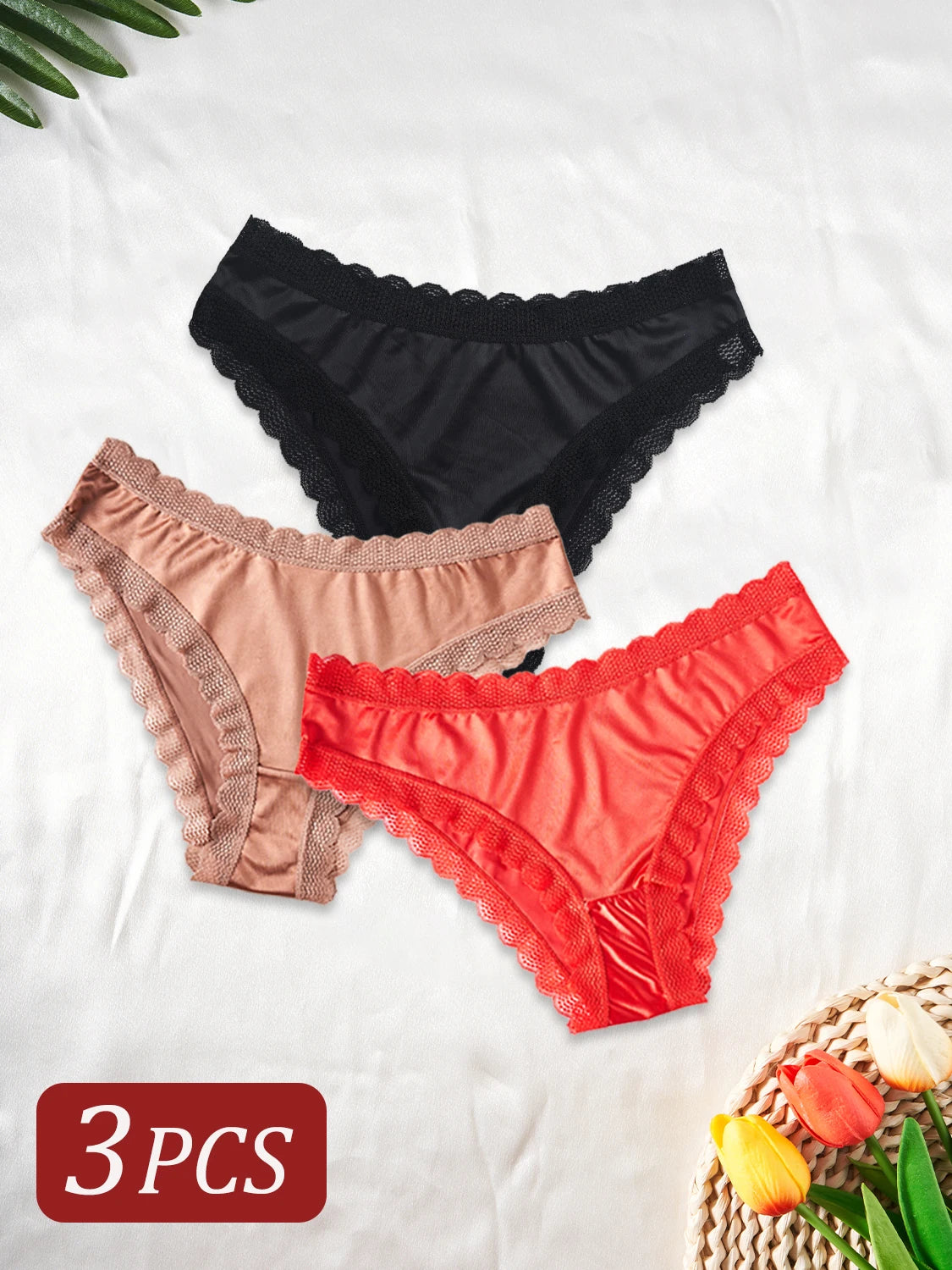 3PCS Elegant Lace-Trimmed Women's Panties Solid Color Seamless Satin Underpants Fashion Simple Comfortable Briefs Lingerie