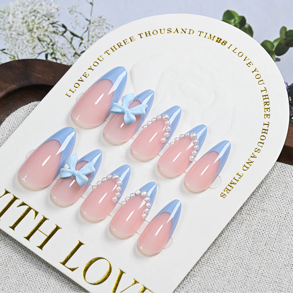 24Pcs Blue Almond Wearable Press on Nails 3D Pearl Bow Full Cover Fake Nails Tips with Bowknot Design French False Nails