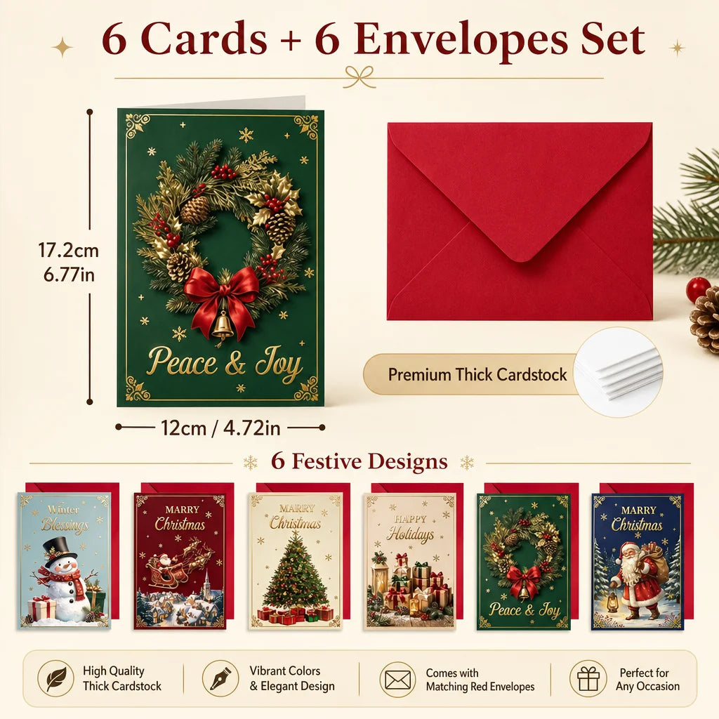 24Pcs Christmas Greeting Cards with Envelopes, 6 Vintage Designs Holiday Note Cards, Greeting Gift Cards for Family Friends