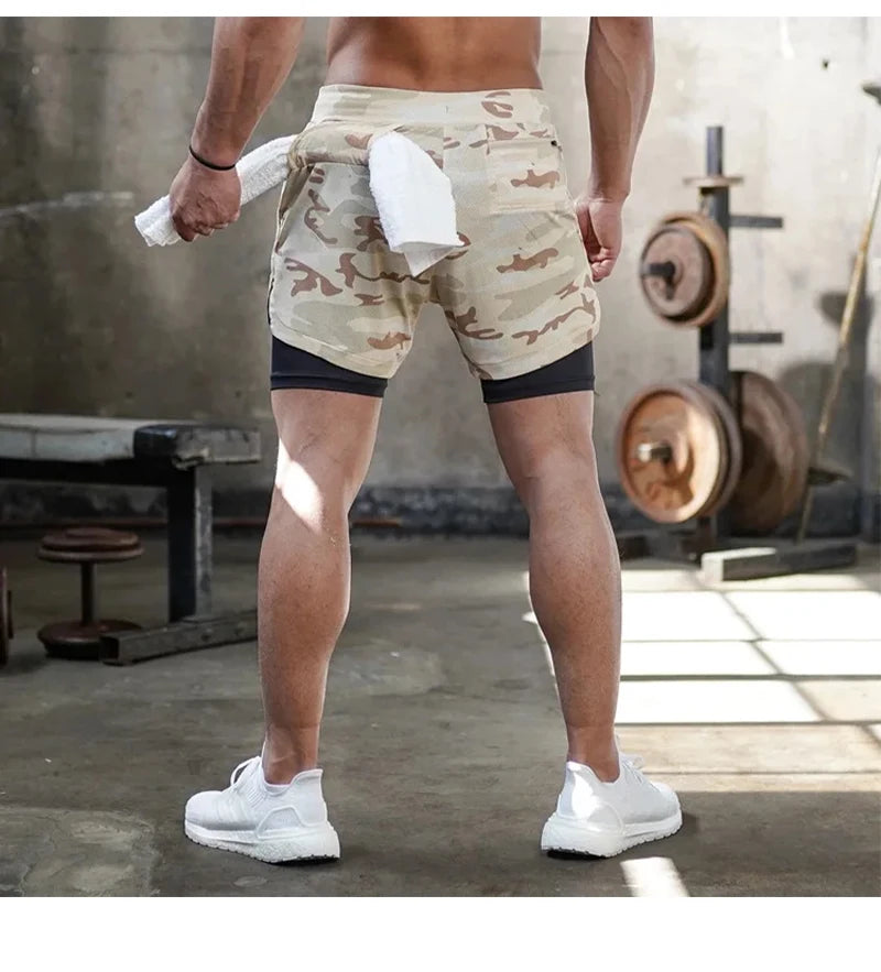 Men Running Shorts Camo Gym Sports Shorts 2 in 1 Quick Dry Workout Fitness Training Jogging Short Summer with Pocket Men Shorts