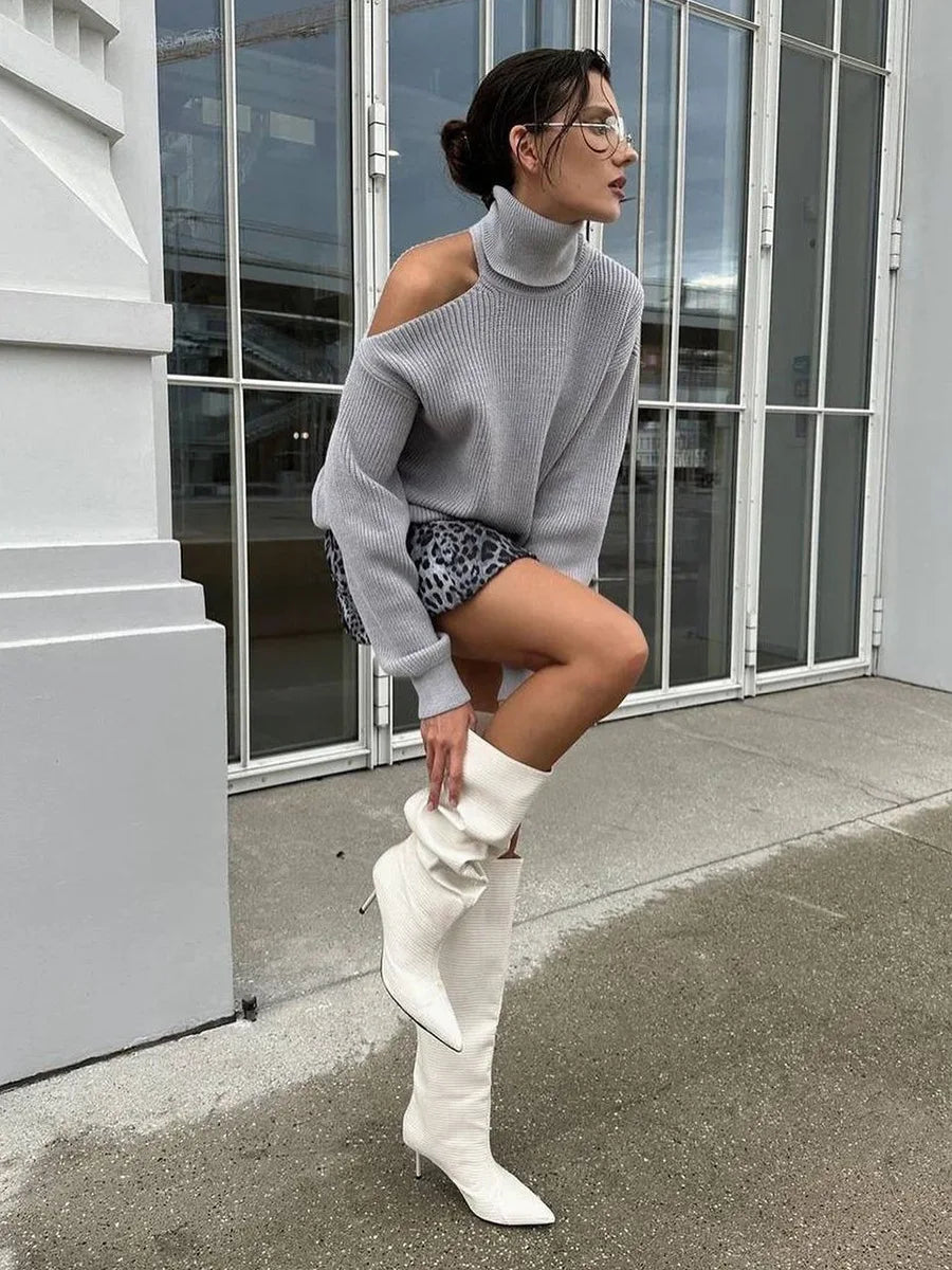 Women New Turtleneck Cutout Shoulder Pullover Long Sleeve Ribbed Knit Trendy Loose Fit Sweater Autumn Winter Fashion Streetwear