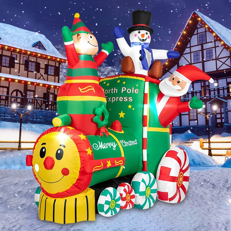 1.8M/5.9FT Height Christmas Inflatable Santa ClausThe Train with Elf and Snowman Built-in LED Lights Blow up Outdoor Lawn Yard