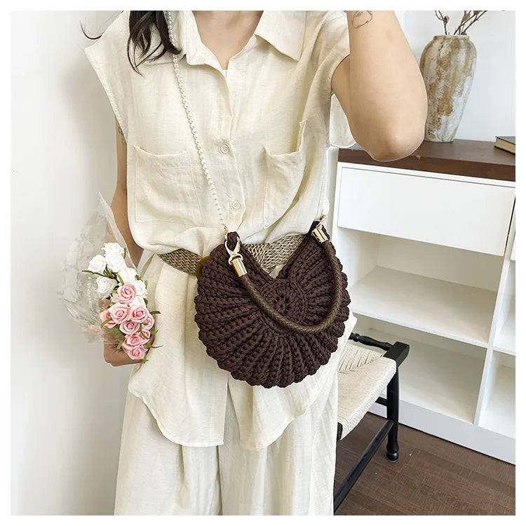 Handcrafted Shell Shaped Crossbody Bag Women's Beach Style Handbag City Simple Cotton Liner Soft round Shape Double Shoulder ...