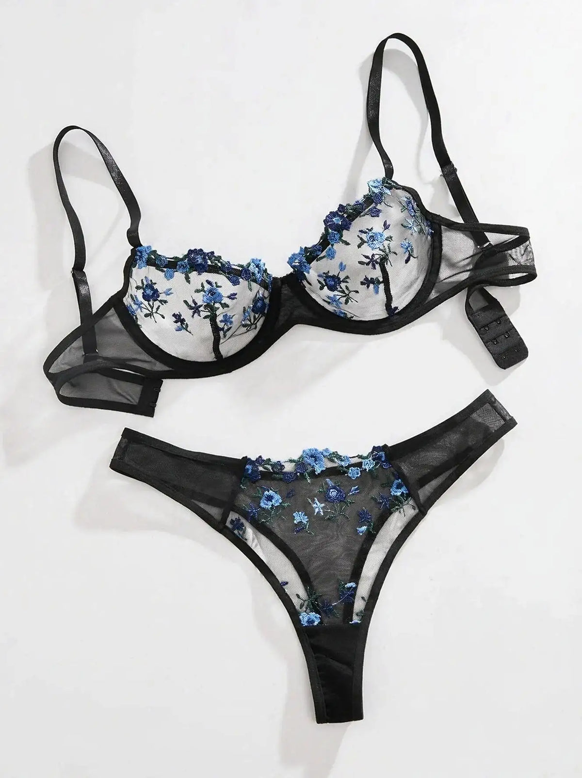Black and Blue Floral Embroidery Bra Set Women's Half Cup Underwear Thin Breathable Thong 2-Piece Set Valentine's Day Gift