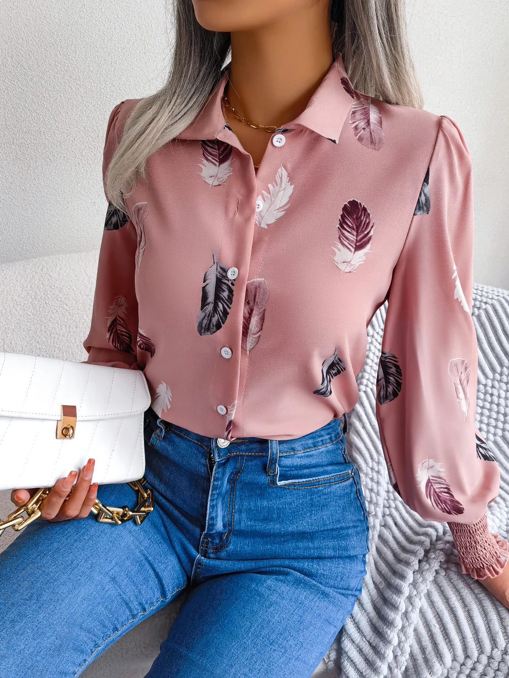 Women's Casual Feather Print Long Sleeve Office Lady Shirts for Autumn Turn Down Collar Buttons Woman Clothing White Pink Blue