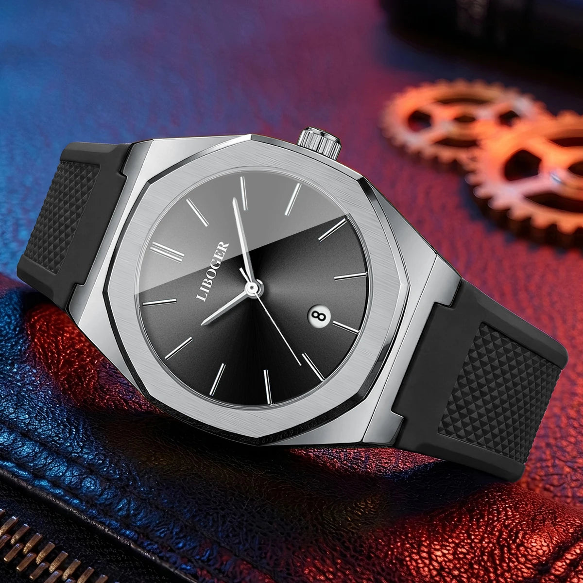 Luxury Silver Men Business Watches Octagonal Case Casual Silicone Strap Date Quartz Wristwatch Relogio Masculino（Without Box）
