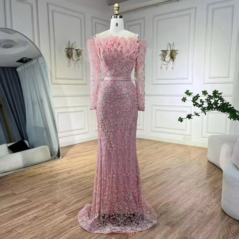 BKLD Woman Clothing Off The Shoulder Feather Mermaid Dress Sexy 2026 Solid Color Elegantes  Long Sleeve Party Dress Vestidos