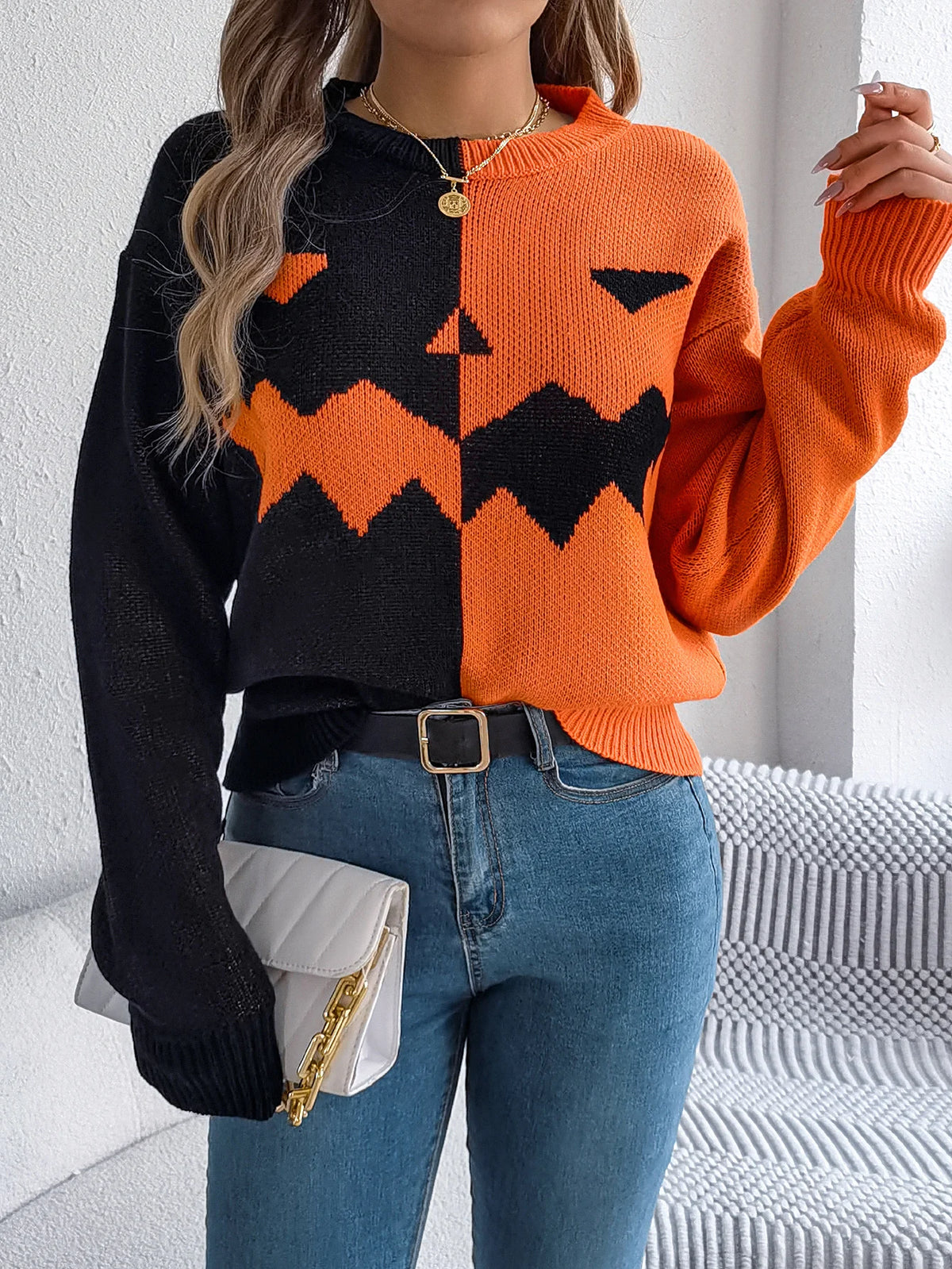 Halloween Women's Contrast Color Pumpkin Pattern Sweaters 2026 Autumn Winter Casual Round Neck Long Sleeve Knitted Pullover
