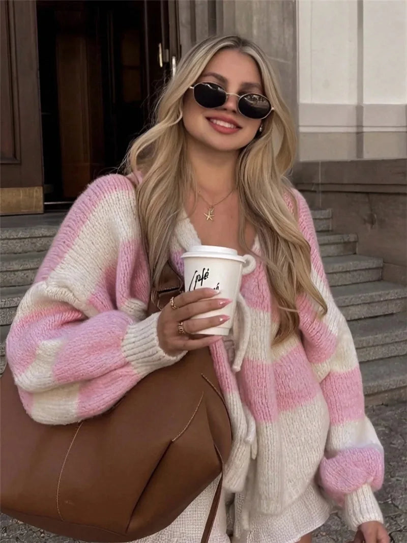 Women's Striped Knitted Sweater Causal V‑Neck Lace‑Up Bow Long Sleeve Loose Soft Warm Cardigan Fashion Autumn WInter Streetwear