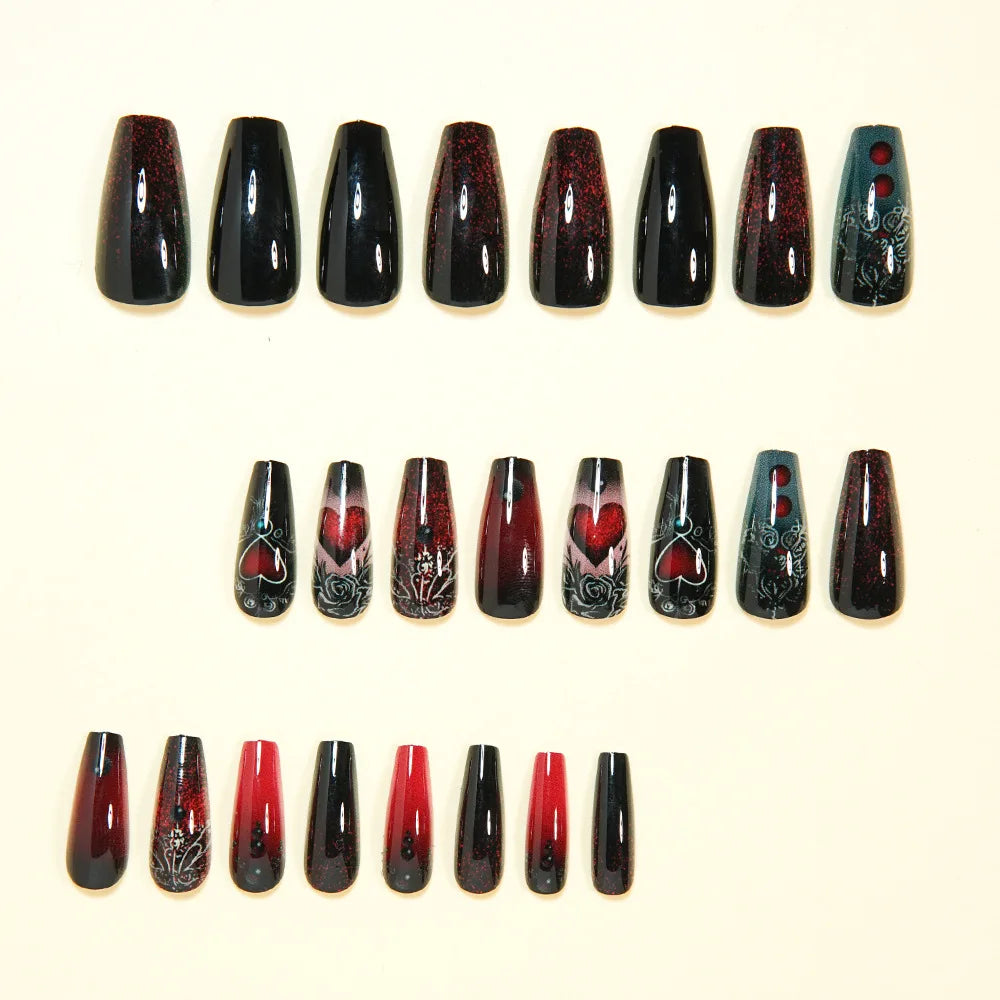 Medium long fake nails dark red black rose flowers heart design for Valentine's Day reusable ABS press on Artificial nails art