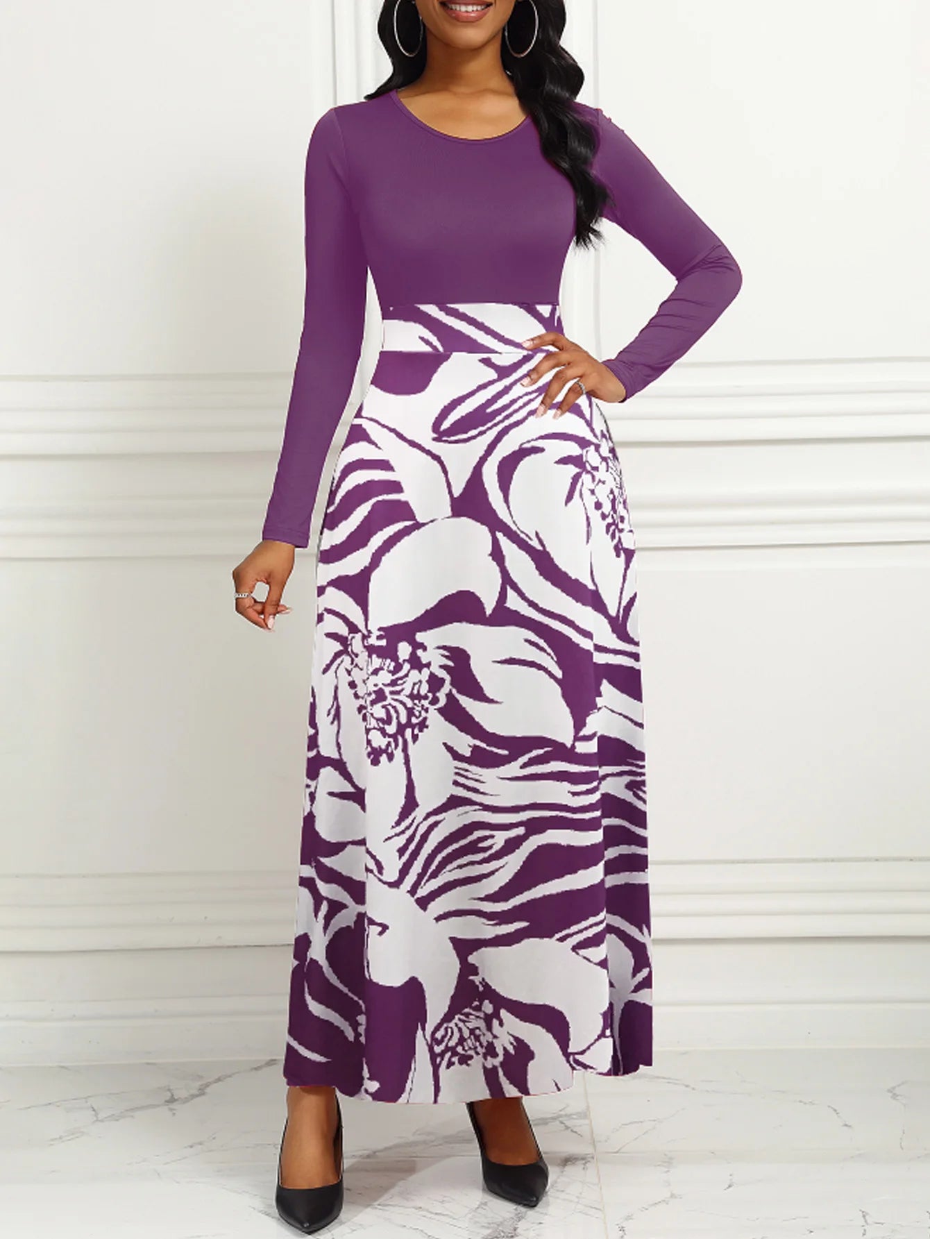 Printed Long Sleeve A-Line Maxi Dress – Elegant Purple 2026