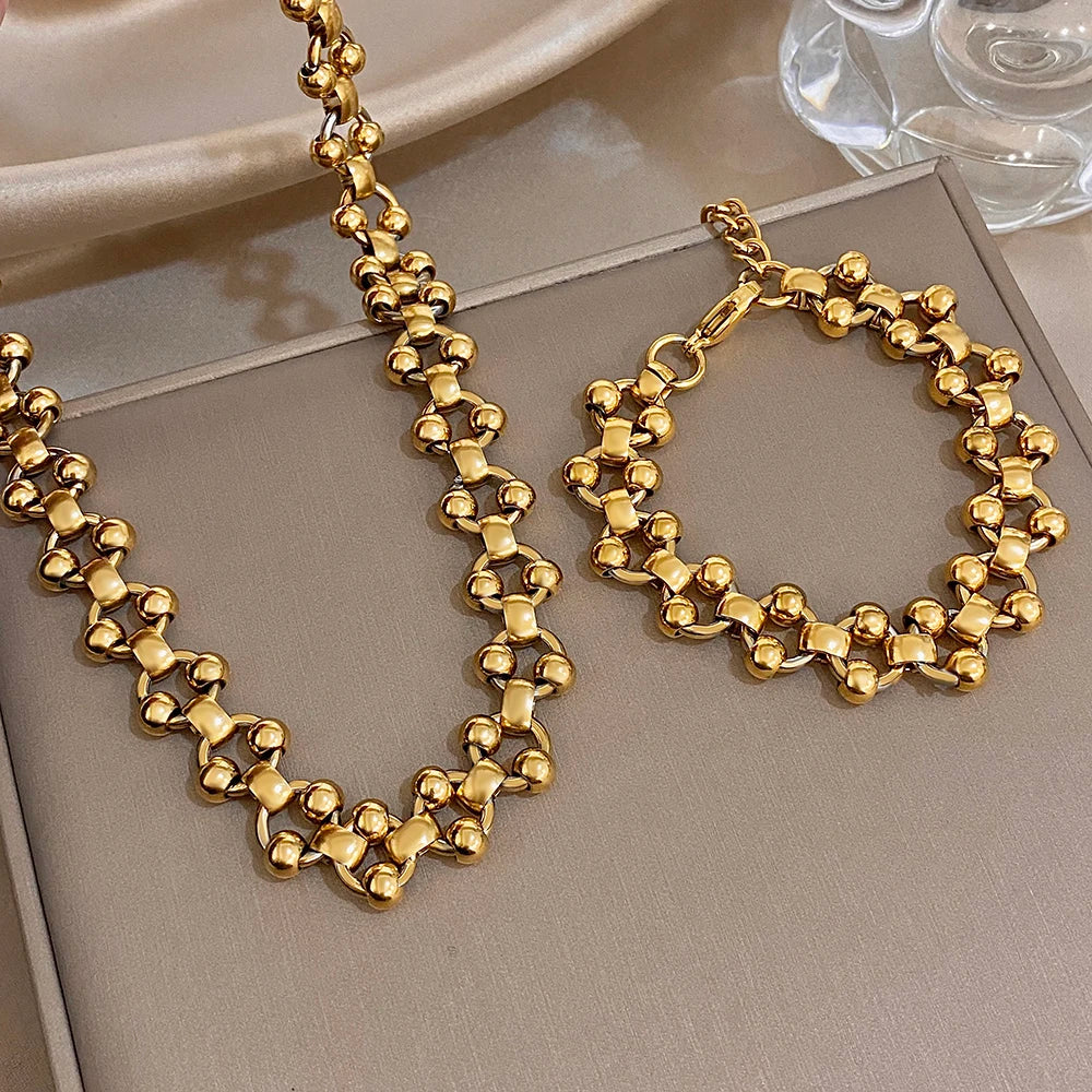 Chunky Stylish 18k Gold Plated Stainless Steel Necklace Bracelet Gold Color Thick Chain High Quality Fashion Jewelry