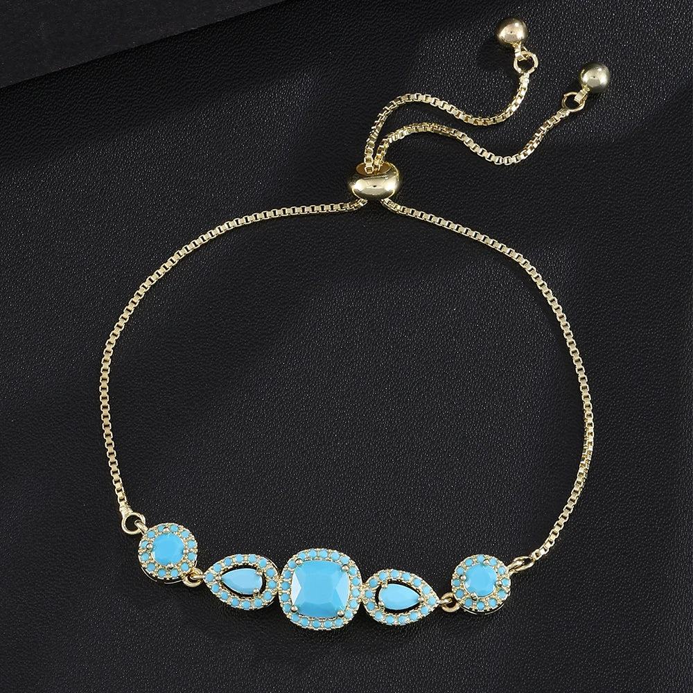 ZAKOL Gold Color Elegant Geometric Water Drop Turquoise Adjustable Chain Bracelet for Women Fashion Party Jewelry Gift