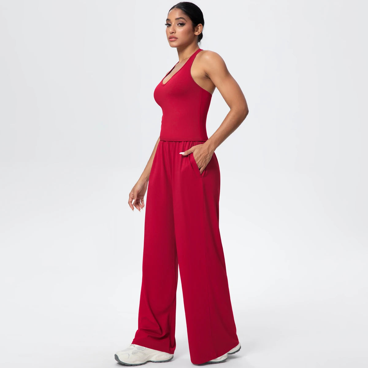 Breathable Loose Wide Leg Pants and Yoga Vest Set Solid Color High Stretch Pockets Pants Beautiful Back T-shaped Vest Yoga Suit