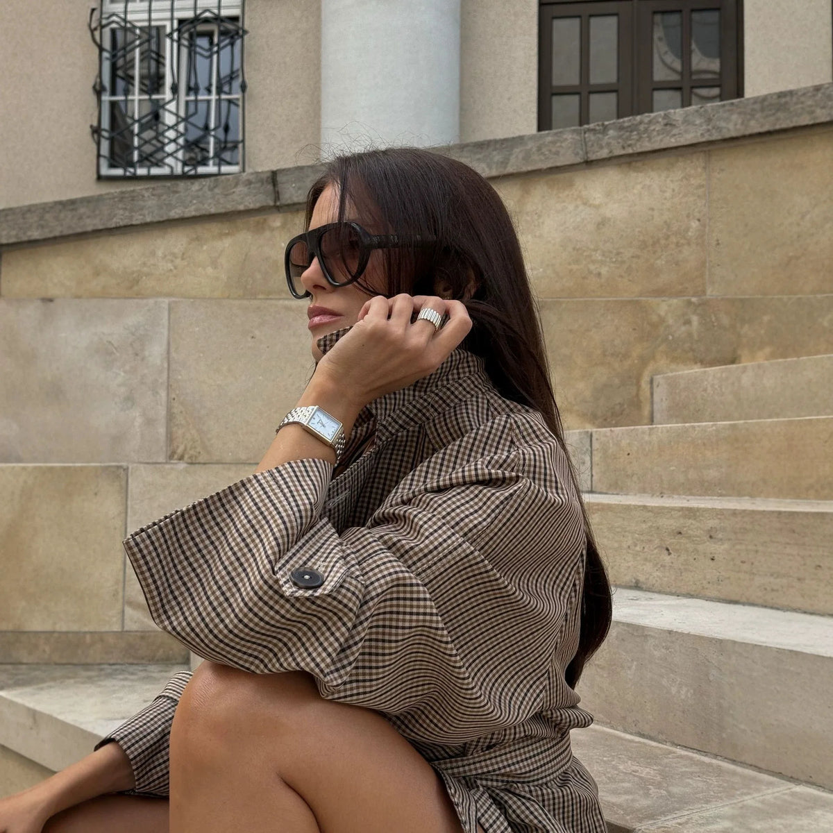 Vintage Plaid Cropped Trench Jacket Women Casual Lapel Lace-up Double Breasted Belted Loose Coats Lady Autumn WInter Streetwear