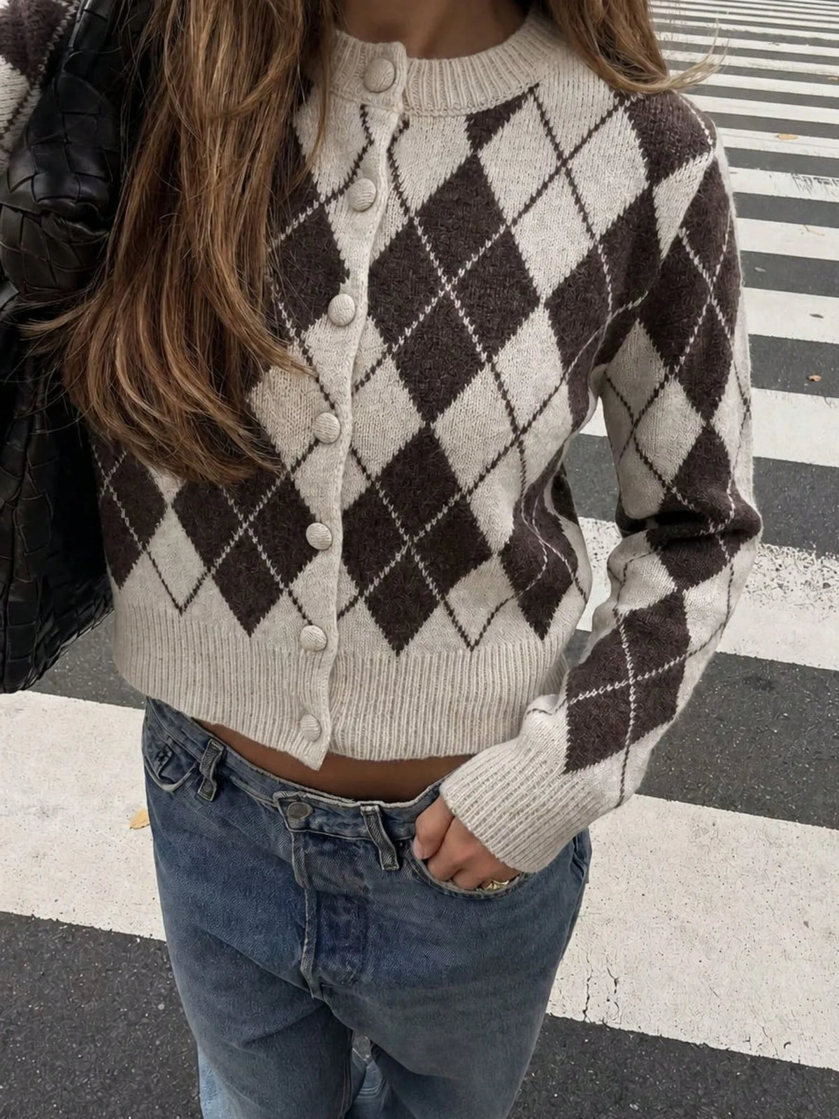 Vintage O-Neck Argyle Knitted Sweater Women Casual Single Breasted Long Sleeve Slim Cardigan Female Autumn Winter Streetwear