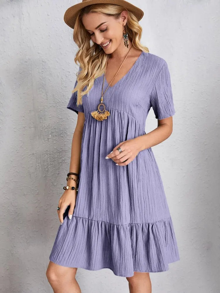 Women Elegant V Neck Ruffles Mini Dress Summer Vintage Solid Loose Sundress Bohemian Casual Solid Beach Party Vestidos