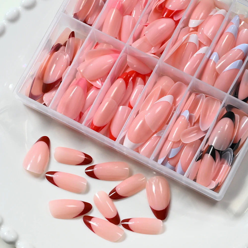288Pcs Red Pink Medium Almond French False Nails Black White Oval Full Cover Fake Nails Tips Extension Wearable Press on Nails