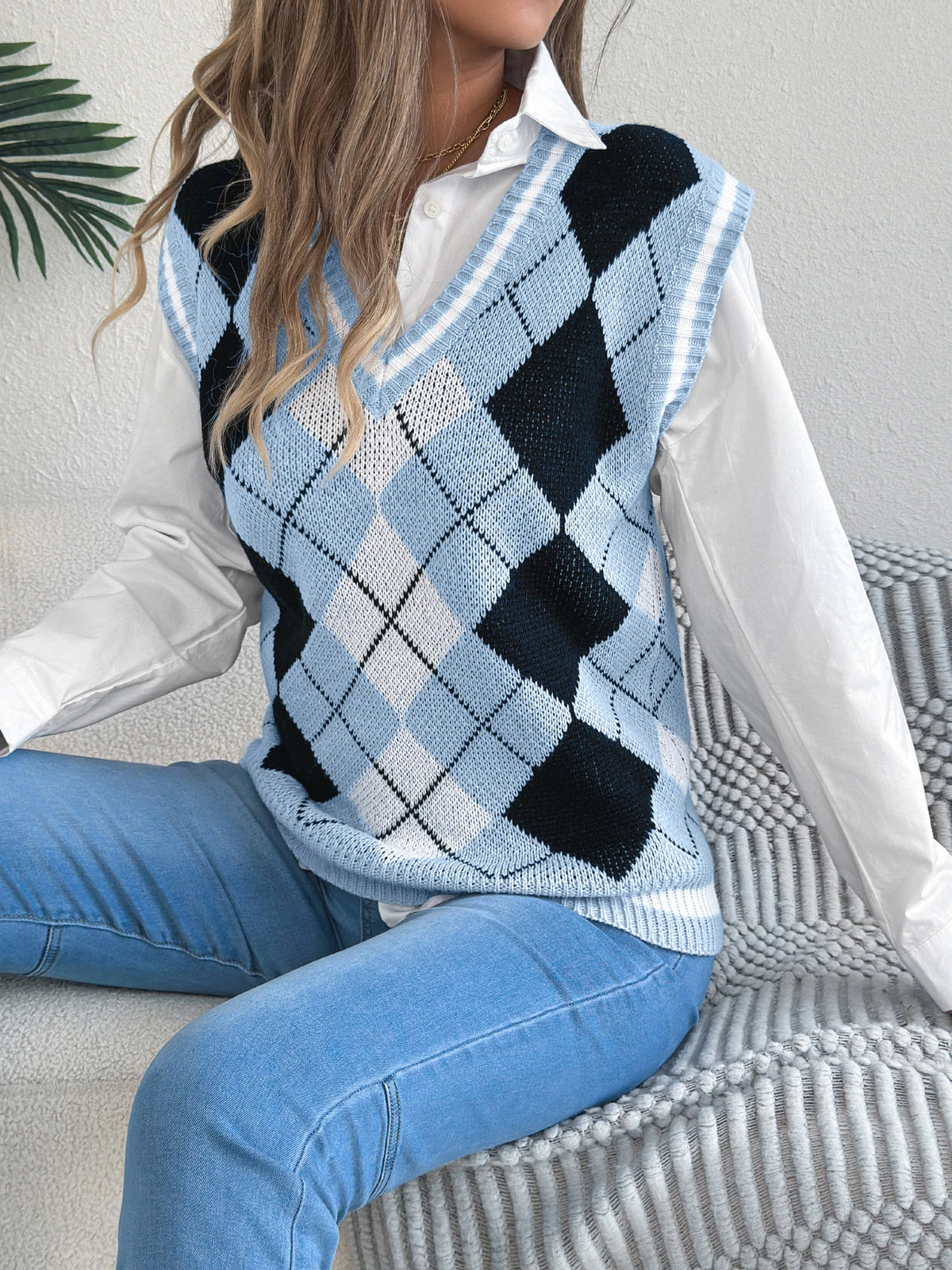 Autumn Winter Casual Knit Sweater Vest for Women 2026 Fashion V Neck Color Block Plaid Sleeveless Knitted Pullover Tops