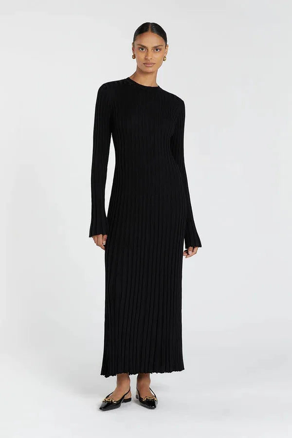 Vintage Lace-Up Female Knit Maxi Dress Elegant High Waist Patchwork Long Sleeve Loose Solid Dress Bodycon Knitwear Basic Dresses