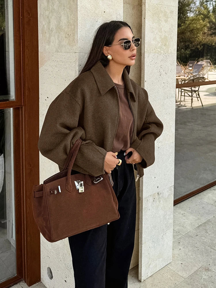 Elegant Women's Woolen Coat Zipper Long Sleeve Blazer Thick Warm Office Lady Tops 2026 Autumn Winter Fashion Short Streetwear