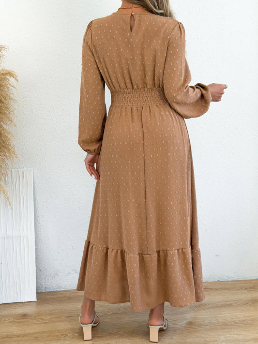 Elegant Round Neck Lantern Long Sleeve Ruffled Dress for Women Spring Autumn Casual Plain Elastic Waist Maxi Dresses Khaki Black