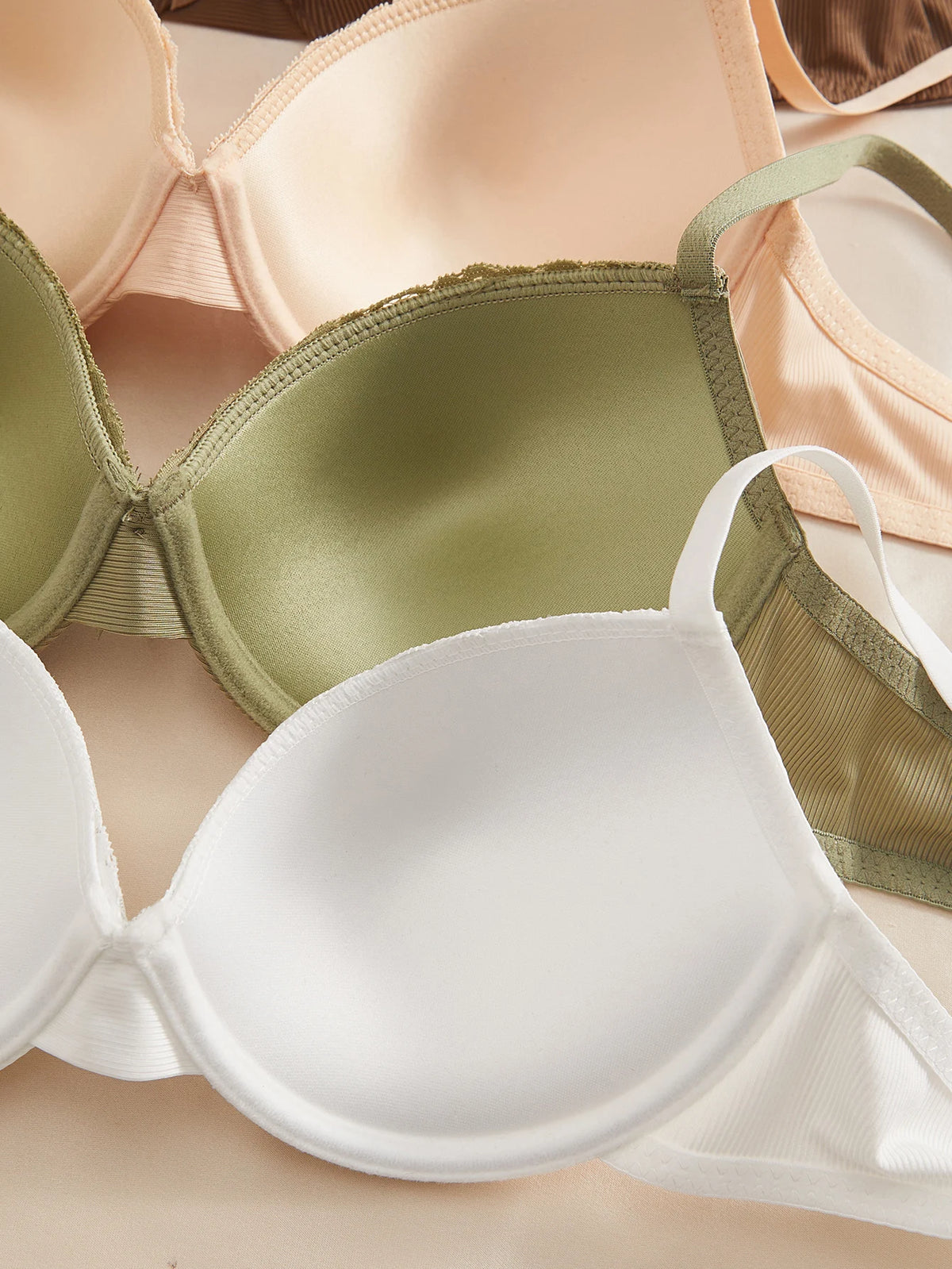 4Pcs/Set Solid Ribbed Women's Bras Lace Spliced Bow Push Up Bra Adjustable Daily Underwire Comfortable Bra