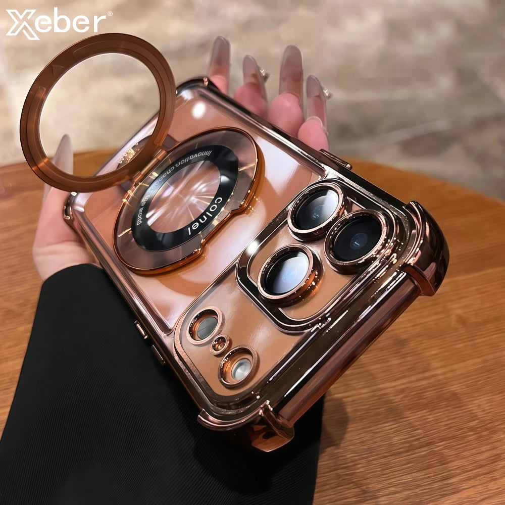 Luxury Plating Magnetic Bracket for Magsafe Clear Case for iPhone 17 16 15 Pro Max 11 12 13 14 Holder Stand Shockproof Cover