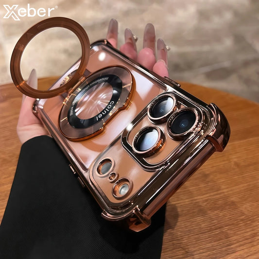 Luxury Plating Magnetic Bracket for Magsafe Clear Case for iPhone 17 16 15 Pro Max 11 12 13 14 Holder Stand Shockproof Cover